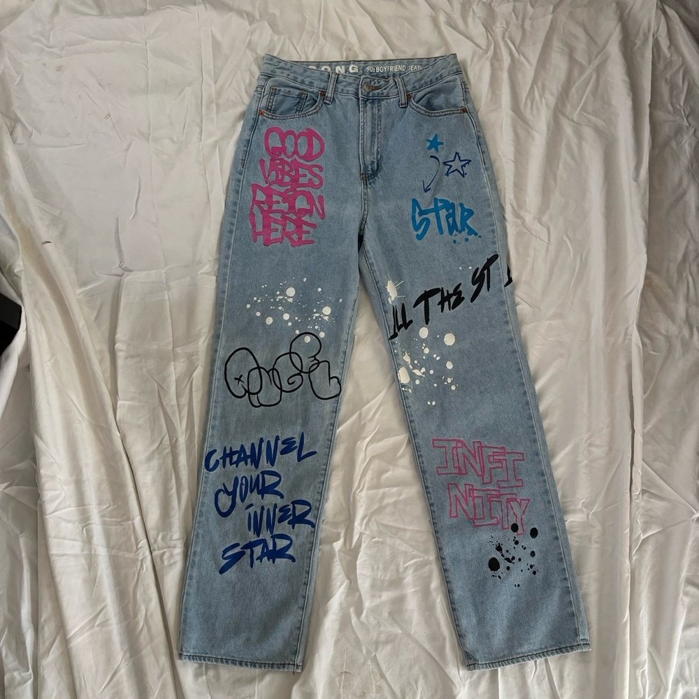 S.O.N.G 90s Boyfriend Jeans Womens Size 7 28‎ Graffiti Baggy Paint Splater High